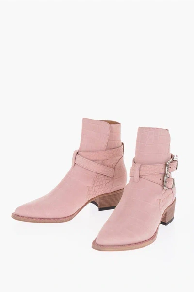 Amiri Croco Embossed Suede Jodhpur Western Booties 5cm In Pink