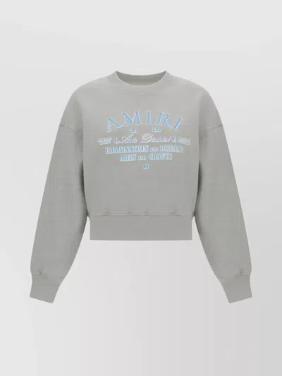 Amiri Cropped Cotton Sweatshirt With Ribbed Crew In Gray