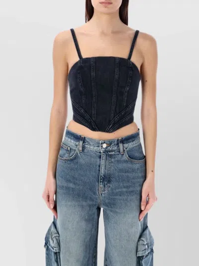 Amiri Cropped Denim Bustier Top With Spaghetti Straps In Blue