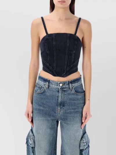 Amiri Cropped Denim Bustier Top With Spaghetti Straps In Faded Black