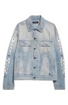 Amiri Crystal Studded Bones Denim Trucker Jacket In Blue
