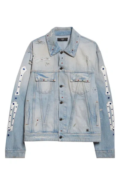 Amiri Crystal Studded Bones Denim Trucker Jacket In Blue