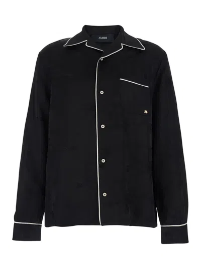 Amiri Men Black Shirt With Cuban Collat And Tone-on-tone Floral Embroidery In Viscose Man