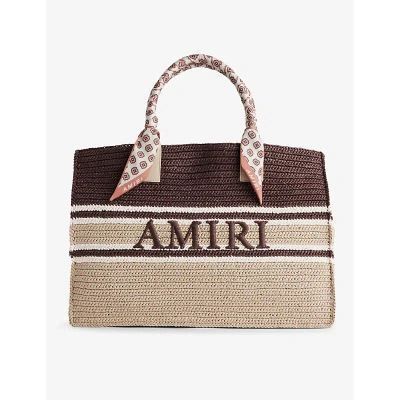 Amiri Dark Brown Brand-embroidered Striped Raffia Tote Bag In Neutral