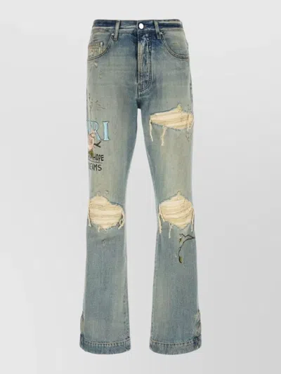 Amiri Denim Jeans Straight Leg Distressed Embroidered Patches In Blue
