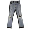 Amiri Denim Leather Jeans- Blue/black In Blue
