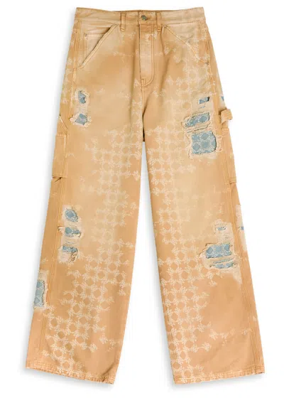 Amiri Denim Repair Logo Wide-leg Jeans In Brown