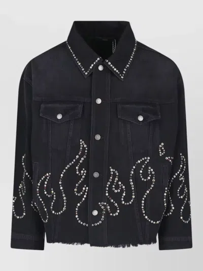 Amiri Denim Shirt Studded Chest Pockets Stitching In Blue