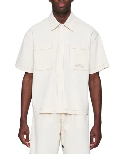 Amiri Denim Short Sleeve Shirt In Sandstone In White