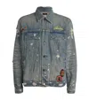 Amiri Vintage Pegasus Embellished Distressed Paint-splattered Denim Trucker Jacket In Blue