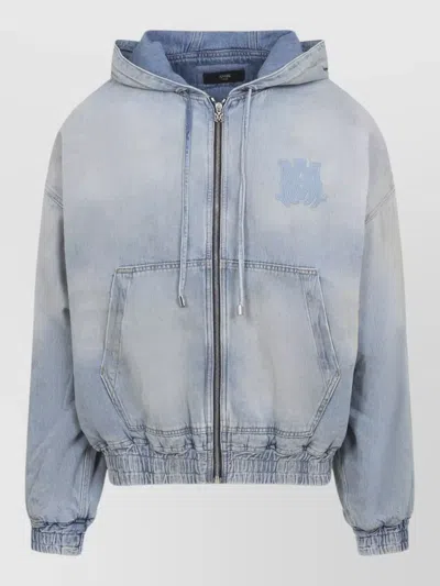 Amiri Denim Zip Hoodie Hood Pockets Cuffs Hem In Blue