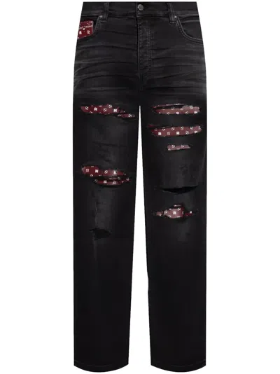 Amiri Leather Bandana Repaired Slim Jeans Men In Black