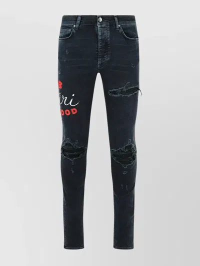 Amiri Distressed Cotton Jeans Embroidered Design In Black