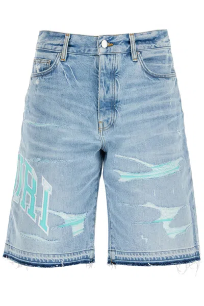 Amiri Denim Logo Varsity Bermuda Shorts In Blue