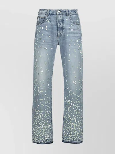 Amiri Distressed Hem Embroidered Denim Jeans In Blue