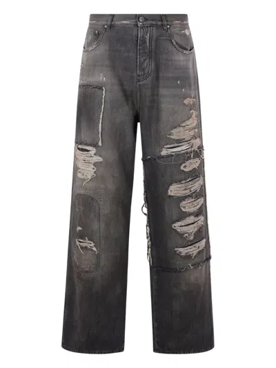 Amiri Wide Leg Denim Jeans Distressed Patchwork In Gray