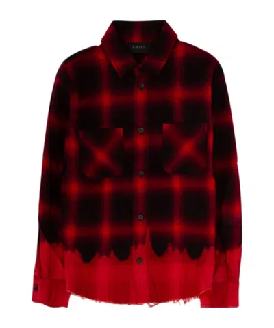 AMIRI AMIRI KIDS BLEACHED SHADOW PLAID FRAYED TRIM SHIRT