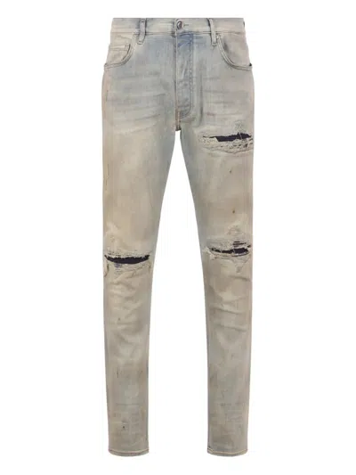 Amiri Mx1 Skinny-fit Distressed Suede-trimmed Jeans In Blue