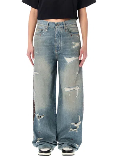 Amiri Distressed Wide-leg Jeans With Bone Appliqués Size 26 In Driftwood Blue