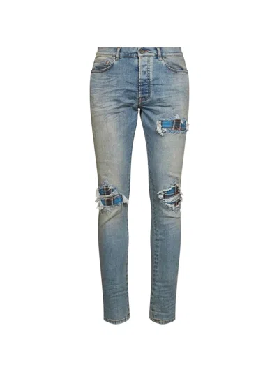 Amiri Mx1 Distressed Flannel-patched Jeans In Medium Indigo In Animal Print