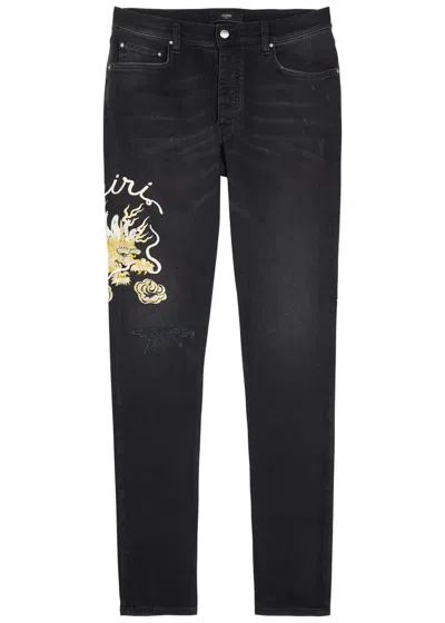 Amiri Dragon Repair Embroidered Slim-leg Jeans In Black