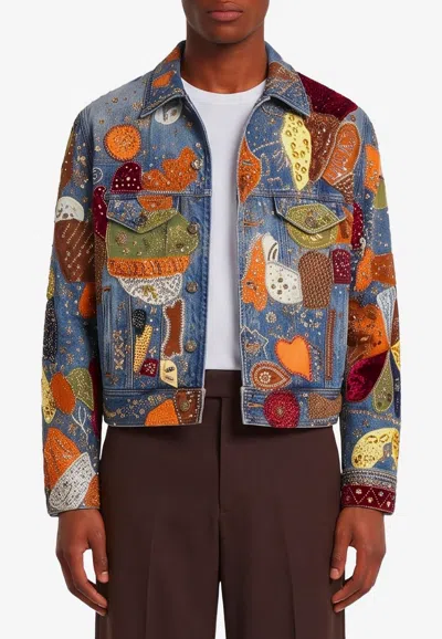 Amiri Embellished Trucker Denim Jacket With Crystal Appliqués In Multicolor