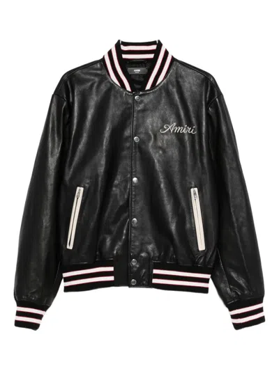 Amiri Embroidered Leather Varsity Jacket In Black