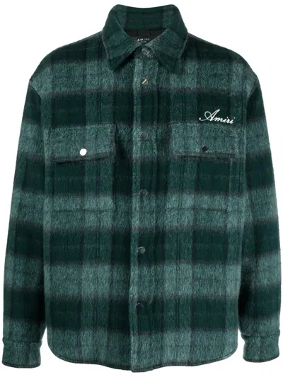 Amiri Embroidered-logo Plaid-patterned Shirt Jacket In Green