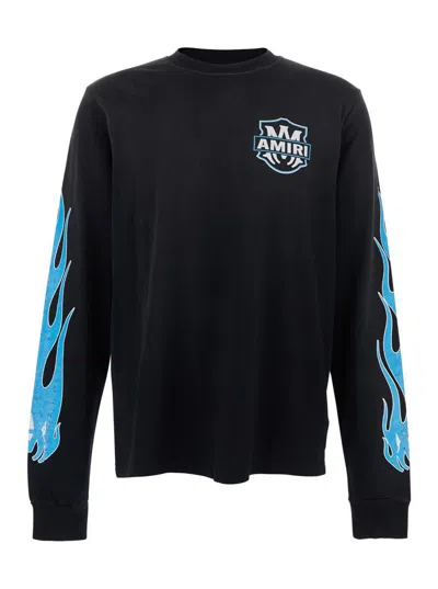Amiri Men Black Long-sleeved Crewneck T-shirt With Flames Motif On The Sleeves And Maxi Logo On The