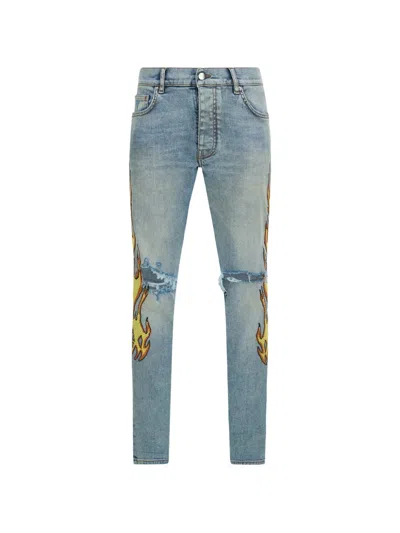 Amiri Flames Emb Skinny Jeans In Blue