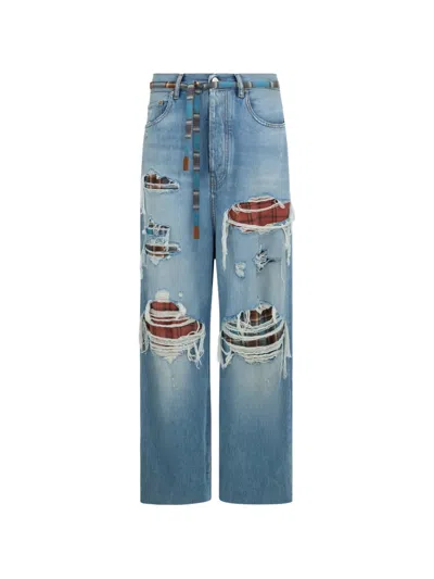 Amiri Flannel-repair Baggy Jeans In Blue