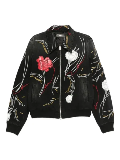 Amiri Floral Embroidered Denim Blouson Jacket In Black