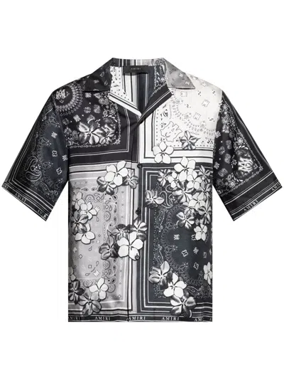 Amiri Black And White Bowling Shirt With Floral Bandana Print In Silk Man In Multi