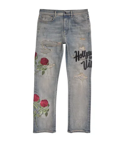 Amiri Floral Sequin Distressed Slim Jeans In Gray