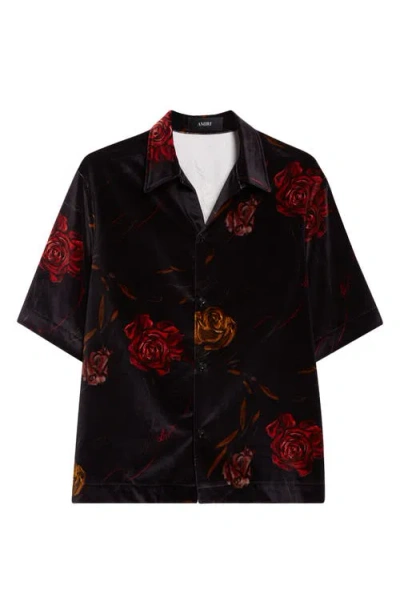 Amiri Floral Velveteen Camp Shirt In Black