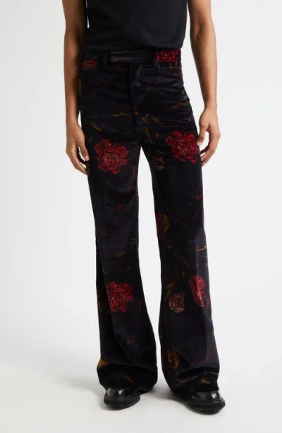 Amiri Floral Velveteen Flare Leg Pants In Black