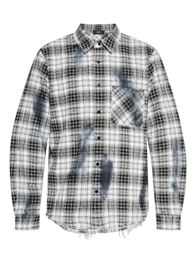 Amiri Frayed Checked Shirt In Gray