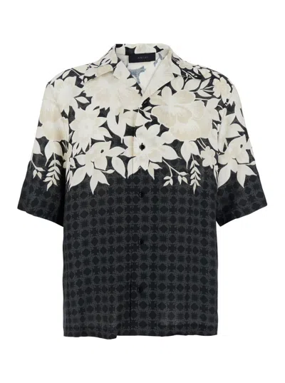 Amiri Garden Black Bowling Shirt With Cuban Collar And All-over Floral Print In Tech Fabric Man