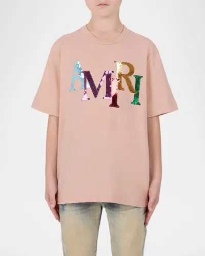 Amiri Kids' Girl's Staggered Sequin Logo Short-sleeve T-shirt In Pink