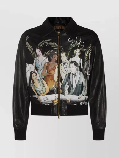 AMIRI GRAPHIC PRINT LEATHER JACKET WITH COLLARED NECK