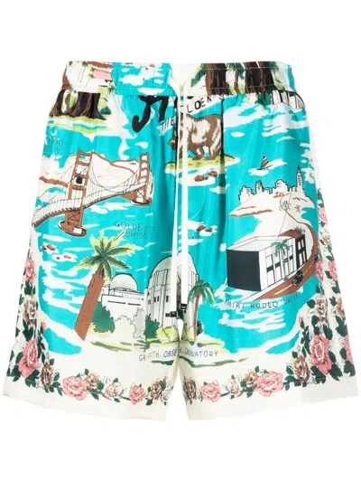 Amiri Men's Landmark-print Silk Hawaiian Shorts In Multicolor