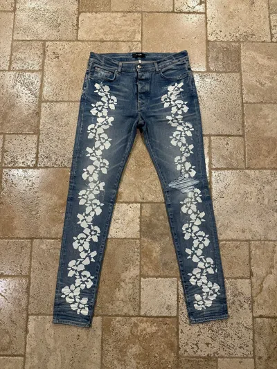 Pre-owned Amiri Hibiscus Stencil Flowers Blue Distressed Denim Jeans