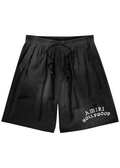 Amiri Hollywood Logo Silk Shorts In Black