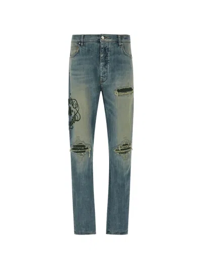 Amiri Hollywood Mx1 Distressed Embroidered Straight-leg Jeans In Blue