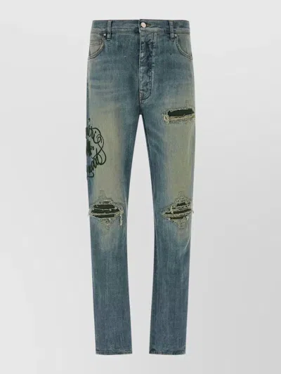 Amiri Hollywood Mx1 Distressed Embroidered Straight-leg Jeans In Blue