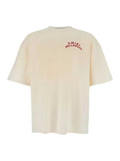 AMIRI WHITE CREWNECK T-SHIRT WITH LOGO LETTERING ON FRONT AND REAR