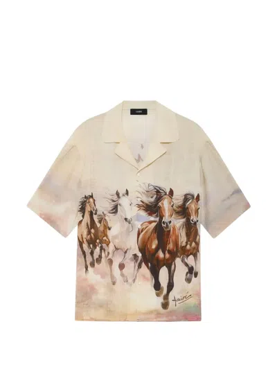 Amiri Horses Camp Shirt Short Sleeves Graphic Print In Neutral