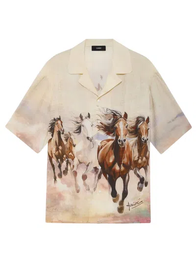 Amiri Horses Camp Shirt Short Sleeves Graphic Print In Neutral