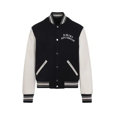 Amiri Wool And Leather Sleeve Bomber Jacket In Gray
