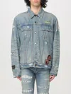 Amiri Vintage Pegasus Embellished Distressed Paint-splattered Denim Trucker Jacket In Blue